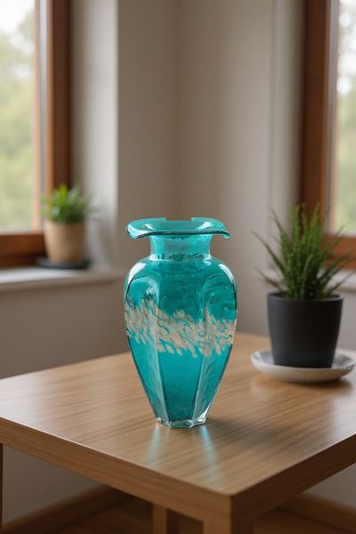 Living Glass Vase with Ribbed Design in Turquoise Color, Size 14*27 cm