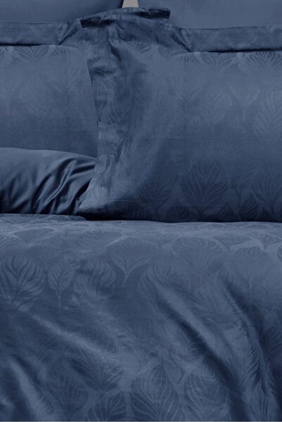Sevim Двоспальний комплект постільної білизни з жакардовим візерунком - Бавовняний сатин з візерунком у вигляді листя - Aura Indigo