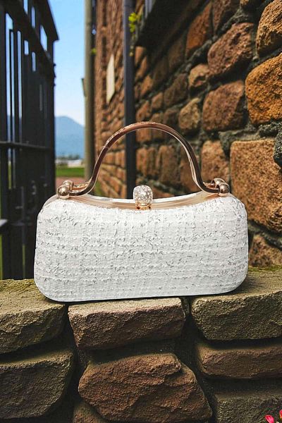 ACAR TAKI Figured Motif Special Evening Dress White Gold Zircon Stone Evening Dress Stylish Bag Is an Elegant Design