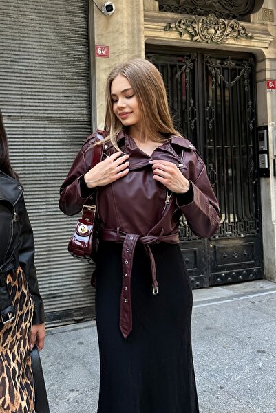 moda armanc Kemerli Oversize Crop Deri Ceket