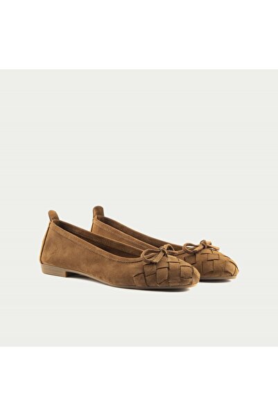 TOGO Taba Süet Örgü Hakiki Deri Kadın Babet [060114] – Fiyonk Detaylı Düz Taban