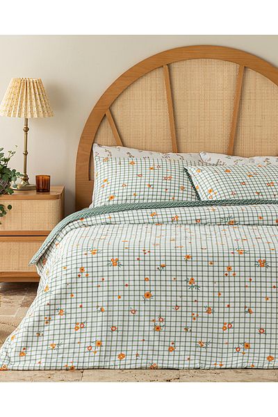 English Home Σετ παπλωματοθήκη Bloom Check Cotton Ranforce Διπλό 200x220 cm Πράσινο