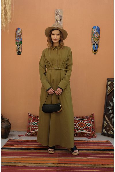 Fatma Atasoy Oil Green Cotton Dress with Pleated Overlay Belt