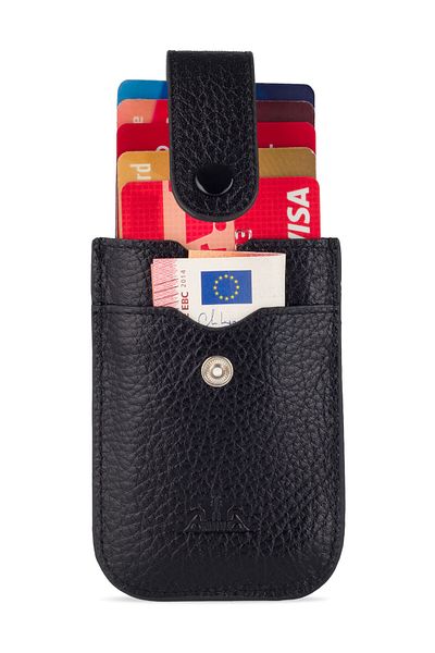 Anı Yüzük Men's Black 100% Genuine Leather Pull-Out Quality Luxury Slim Upright Credit Card Holder Wallet Business Card Holder