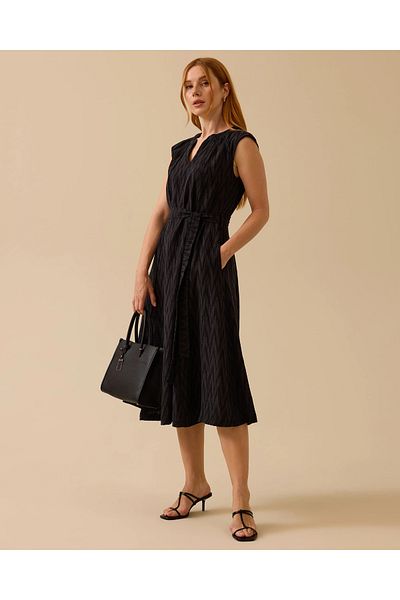 SEÇİL Belted V-Neck Textured Dress