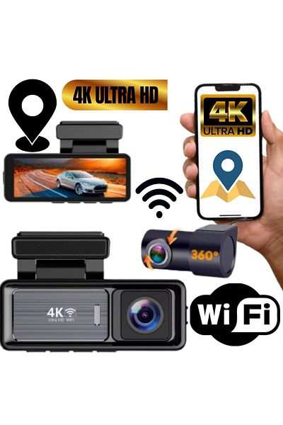 AMYMAT Dual 4K+1080P Car DVR Camera with WiFi, 360° Front-Rear Lens, Night Vision