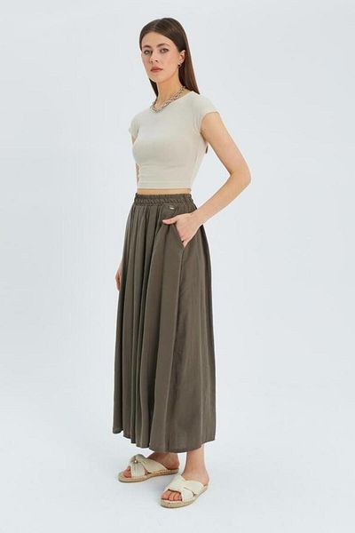 Mixray 4612 Model Khaki Women's Skirt - Side Pocket and Pleated