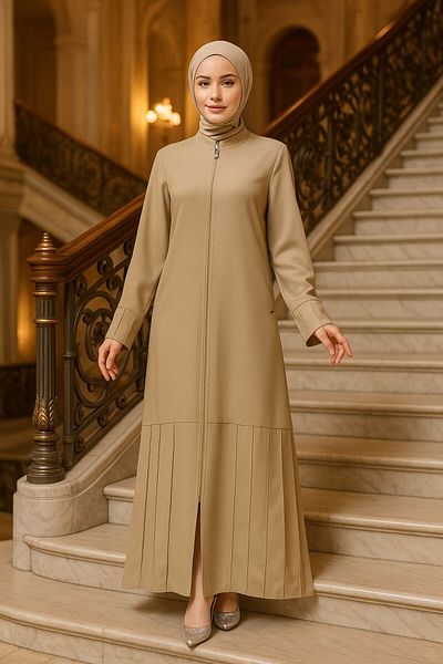 Neva Style Zippered Beige Hijab Ferace 20018Beige