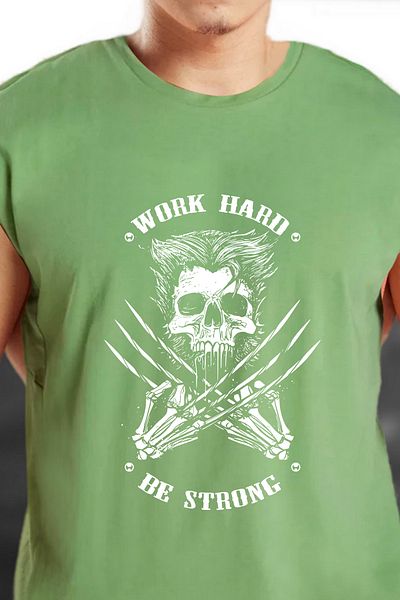 BESSA Ανδρικό μπλουζάκι Work Hard με στάμπα πράσινο oversize βαμβακερό αμάνικο μπλουζάκι/καμπαρντίνα