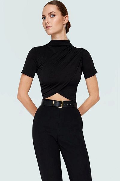 PayBuy Women's Short Sleeve Knitted Crop Blouse Stand Collar Stylish Summer Comfortable and Durable Material