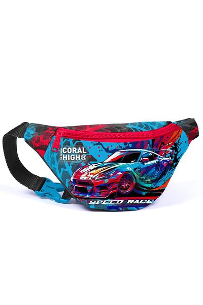 Coral High حقيبة خصر للأطفال بتصميم سيارة سباق باللون الرمادي والأزرق - 11528