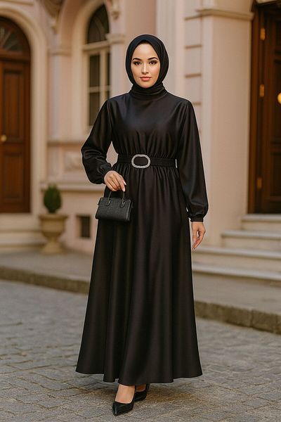 Neva Style Черна сатенена рокля за хиджаб 5727s