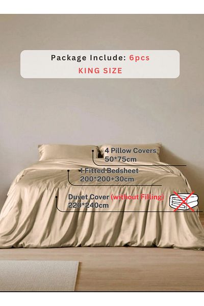 LUNA HOME طقم سرير من 6 قطع من الساتان الحريري، مقاس كبير، لون بني ذهبي سادة، 220 × 240 سم.