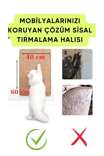 AKTURK HOME Natural Sisal Cat Scratching Mat 60X40 cm Cat Grassed Screen Floor Furniture Compatible Versatile Use