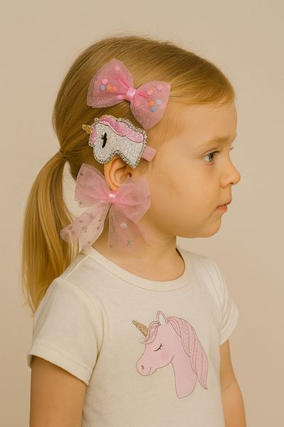 Motebarn Wear Cataramă cu clemă cu unicorn din 3 piese pentru fete, albă