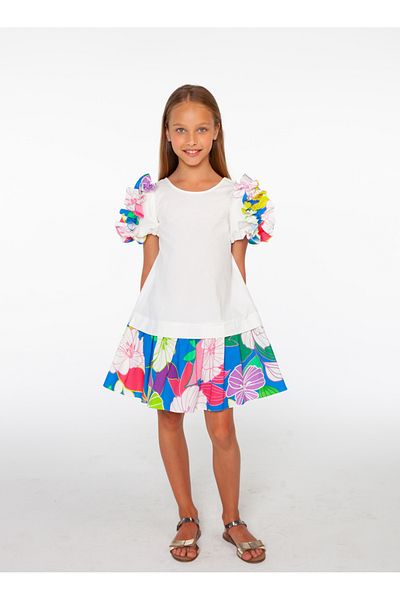 SheShe Floral Pattern Short Balloon Sleeve Girl Dress