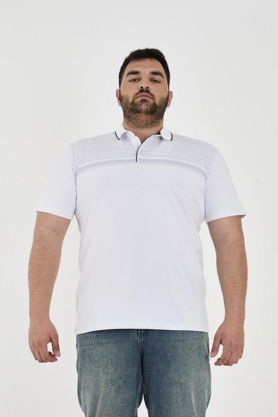 Maccali Men's Patterned Basic Large Size Short Sleeve Oversize Polo Neck T-Shirt White