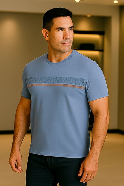 Maccali Men's Patterned Short Sleeve Large Size Loose Blue T-Shirt