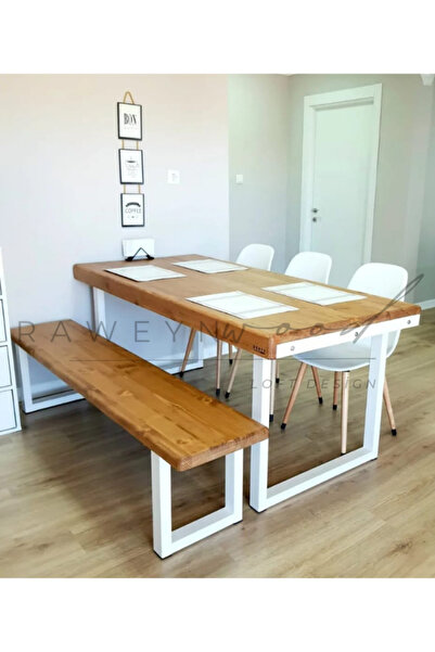 deryawood Raweyn Doğal Ahşap Yemek Masası-8 Kişilik -80-180-76 Cm Beyaz Metal Ayak