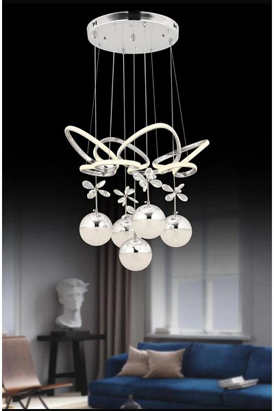 EY-EL TASARIM Modern Pendant Led Chandelier - 3 Color Stages, Chrome Bright Finish