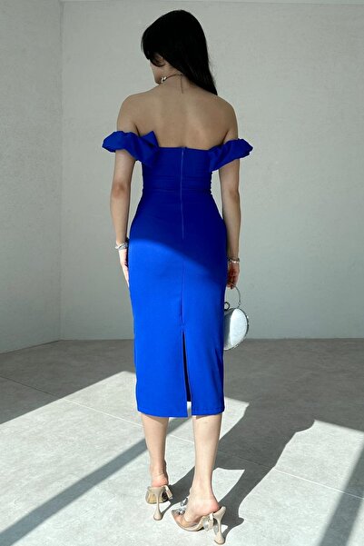 bayansepeti Блуза з відкритими плечима, без бретелей, з розрізом на комірі, середньої довжини, прямого крою, синя сукня без бретелей 219