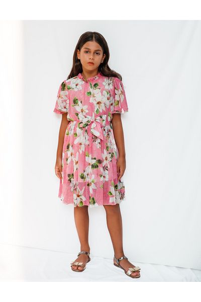 SheShe Pink Floral Pattern Chiffon Girl Dress