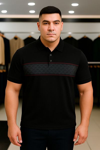 Maccali Men's Large Size Patterned Loose Black Polo Neck T-Shirt