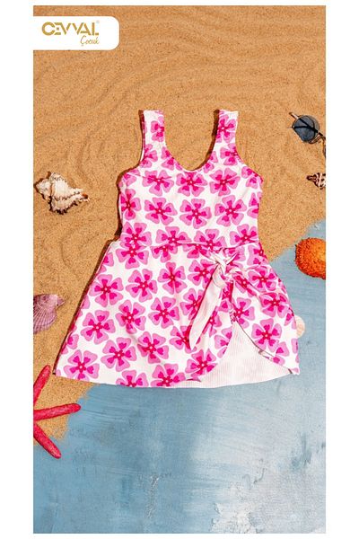 Elayza Girl's Flower Patterned Swimwear Dress with Valones Skirts
