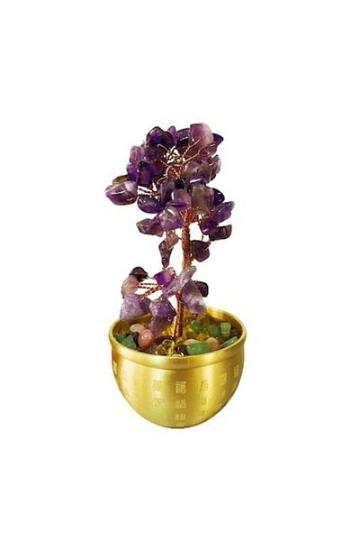 BLA BLA FOAM Amethyst Semi-Precious Stone Tree, 17 Cm, Golden Brass Pot