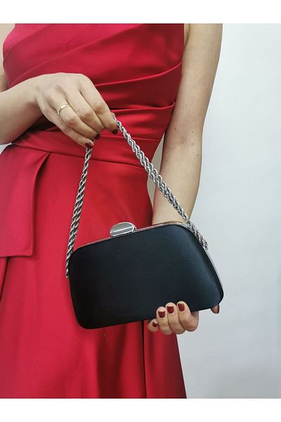 NAZART Γυναικείο σατέν μαύρο βραδινό φόρεμα Clutch Portfolio Chain Strap Hand Wedding Engagement Night Shoulder Bag