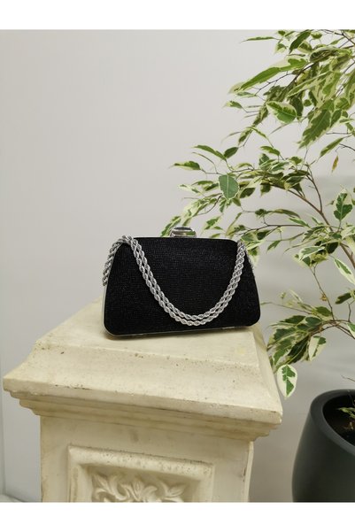 NAZART Kadın Big Taşlı Siyah Abiye Clutch Portföy Zincir Askılı  El Düğün Nişan Gece Omuz  Çantası