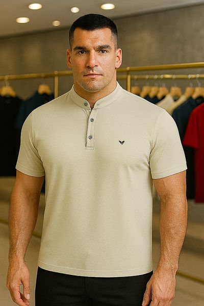 Maccali Men's Plus Size Basic Polo Neck Cream T-Shirt