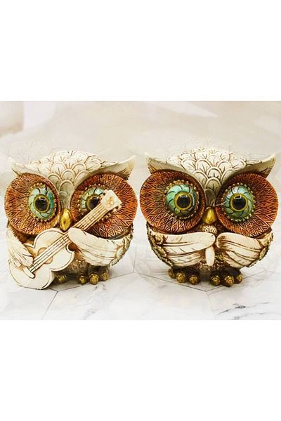 BLA BLA FOAM Set 4 statuete bufnite, trupa muzicala, din rasina, crem, accente aurii, 10x10 cm
