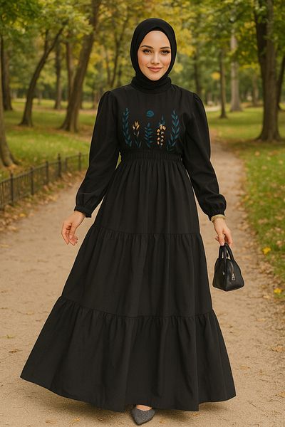 Neva Style Бродирана черна рокля с хиджаб 7063S