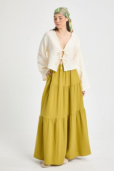 minaaise Women's Oil Green Muslin Fabric Piece Design Long Skirt 29233