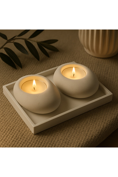 ARGKRİSTAL Beton Taş Formlu 2’li Tealight Mumluk Takımı | Minimal Tepsi Seti ...