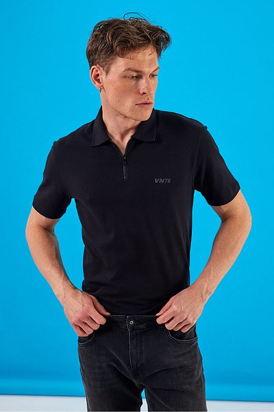 VENA Nicolas Zipper Detailed Polo Collar T-Shirt - Black
