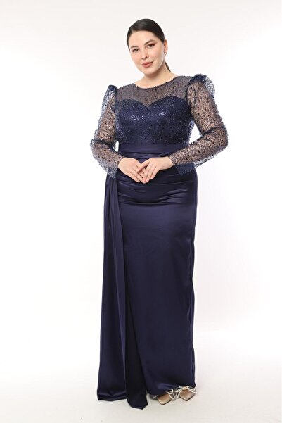 Robes İnci Taş İşleme Detaylı Uzun Kol Büyük Beden Abiye Elbise