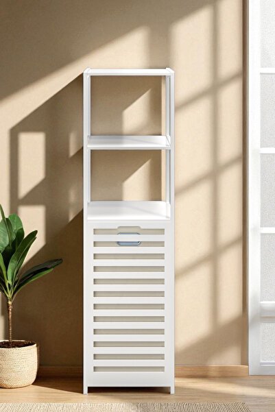 Digithome Bambu Beyaz Mat Lake Kirli Sepetli 3 Raflı Banyo Düzenleyici Çamaşır Sepeti DB-0019
