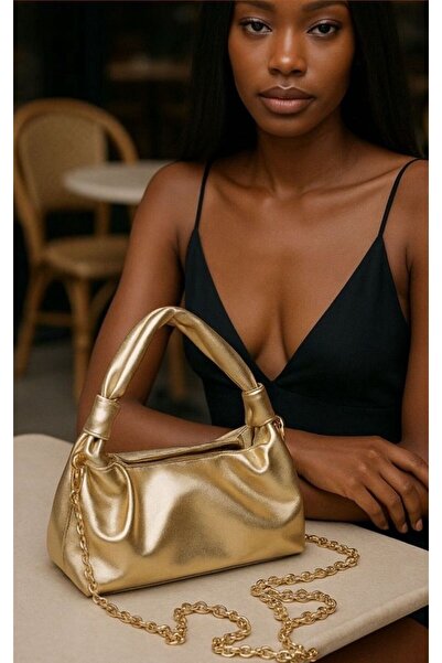 Melos Butik Kadın Gold Altın Sarı Çift Düğümlü Deri Zincir Askılı Mini El Ve Omuz Çantası