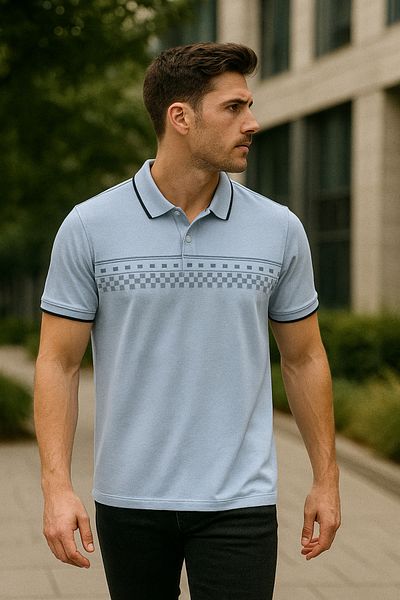 Maccali Men's Short Sleeve Patterned Blue Polo Neck T-Shirt