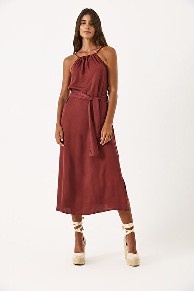 VENA Marmaris Boncuk Askılı Saten Elbise - BORDO