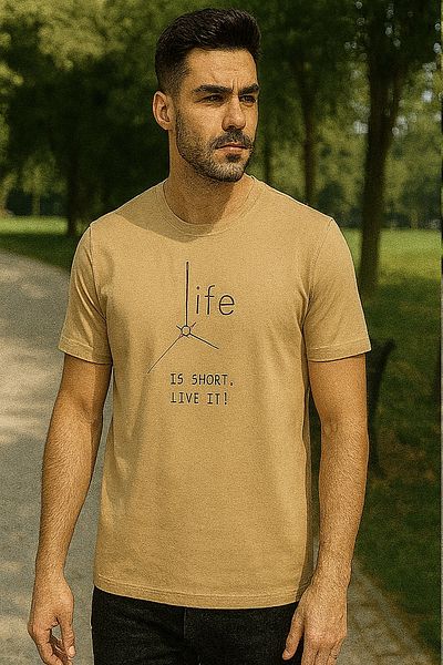 Maccali Men's Crew Neck Short Sleeve Text Print Camel T-Shirt