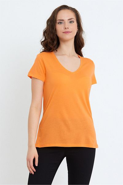 VENA Tricou Boyfriend cu decolteu în V Regular Fit (Modal) - Portocaliu