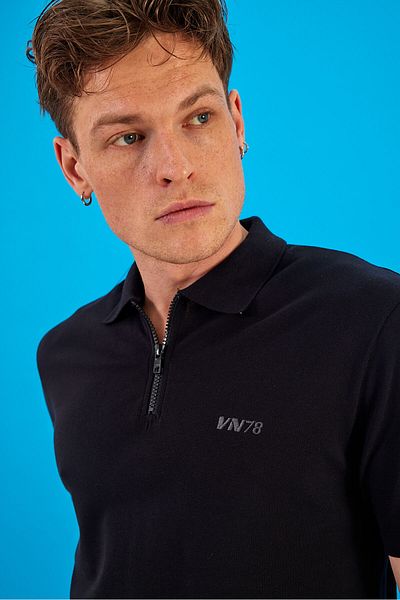 VENA Nicolas Zipper Detailed Polo Collar T-Shirt - Black