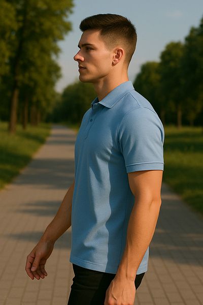 Maccali Men's Short Sleeve Zippered Basic Blue Polo Neck T-Shirt