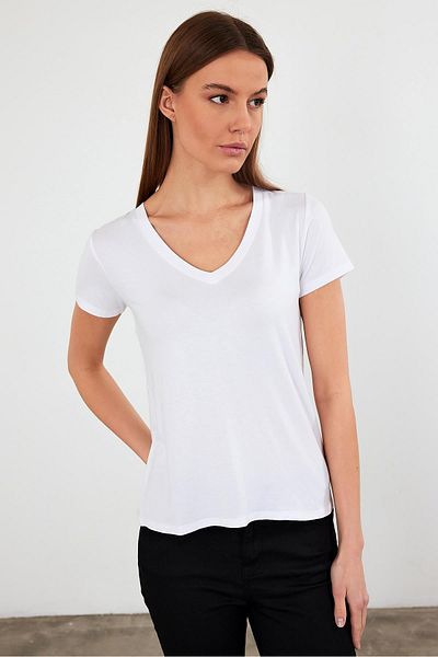 VENA Tricou de bază pentru femei, cu decolteu în V, cu croiala normală - alb