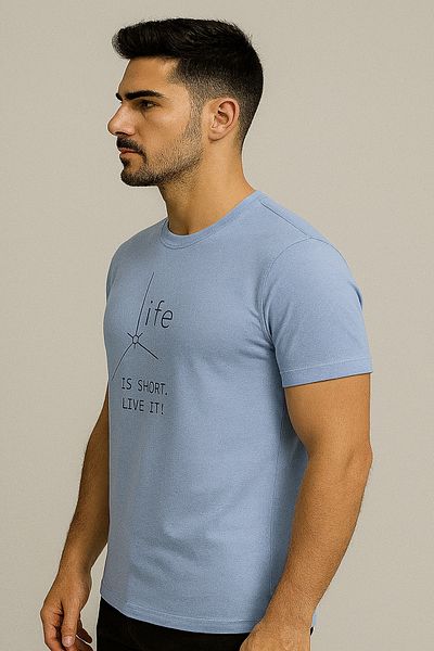 Maccali Men's Crew Neck Short Sleeve Text Print Blue T-Shirt