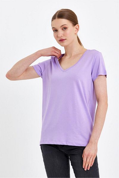 VENA Tricou Boyfriend cu decolteu în V Regular Fit (Modal) - Liliac