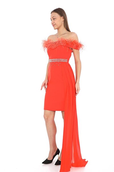 Robes Krep Kumaş Kuyruklu Tüy Ve İşleme Detaylı Tasarım Elbise